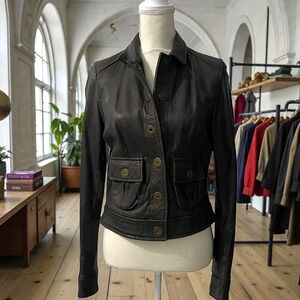 Please‎ Italy Dark Brown Soft Leather Cropped Grommet Snap Jacket  M